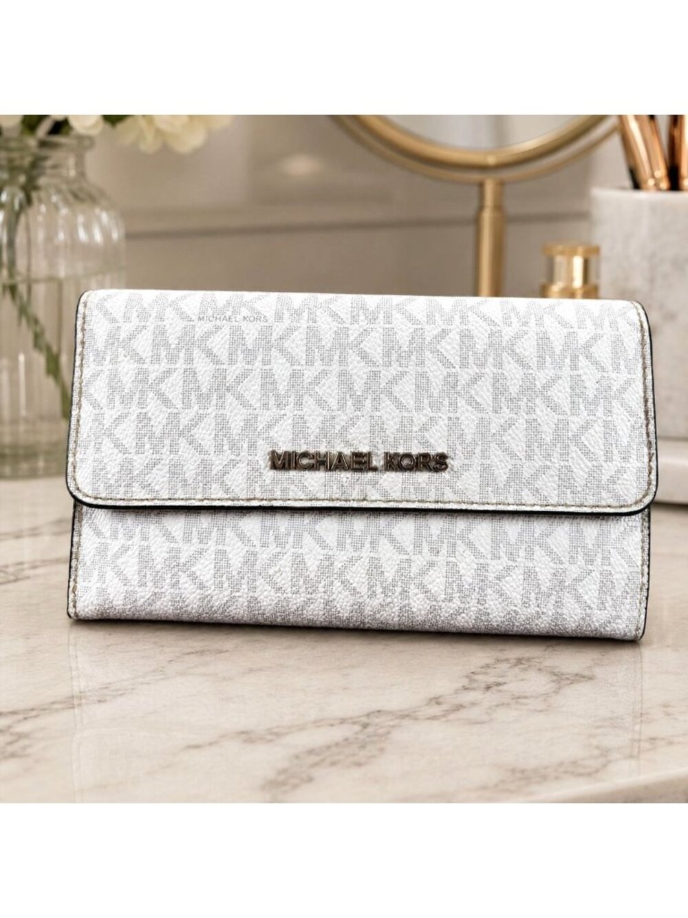 Michael Kors Jet Set Travel Large Trifold Wallet Monogram Logo PVC Grey White